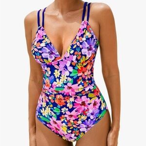 Cupshe Floral One Piece Swimsuit - Blue and Multicolor